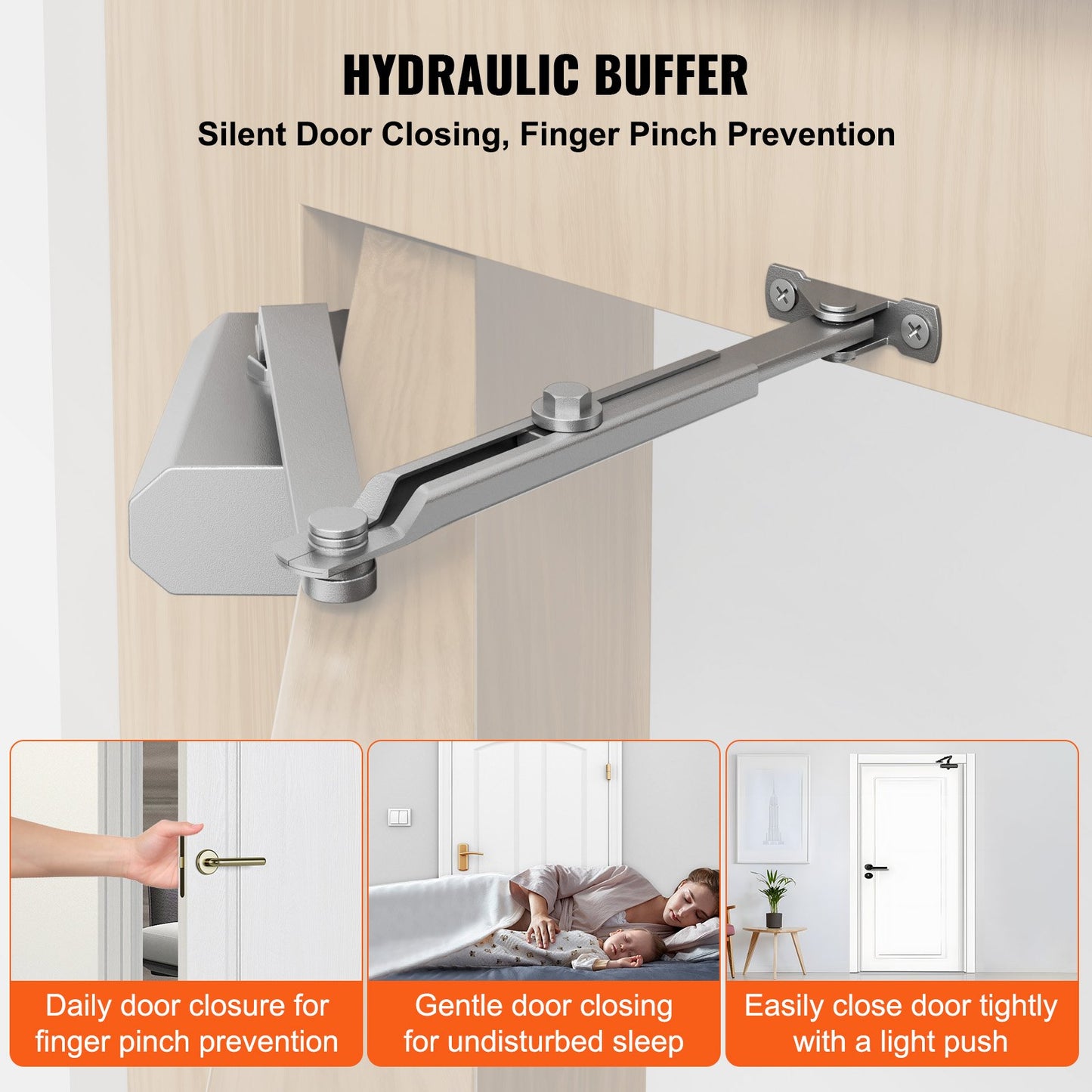 Dörrstängare, Automatisk Dörrstängare Kommersiell eller bostadsanvändning för Dörrvikter 68 kg, Justerbar Storlek Hydraulisk buffert Dörrstängare Kraftig gjuten aluminiumkropp, Enkel installation, Silver