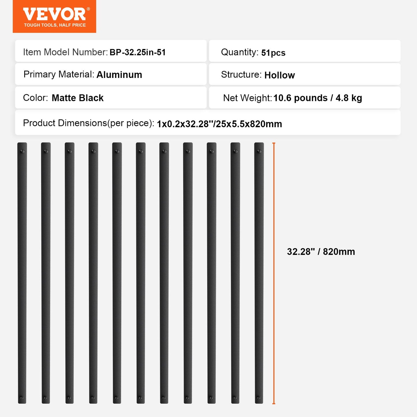 Staircase Metal Balusters, 32,28'' x 1'' Platta aluminiumlegering dekorativa räckespindlar, 51-pack däcksräcke med skruvar, klassiskt håldäcksräcke satinsvart pulverlackerad för veranda