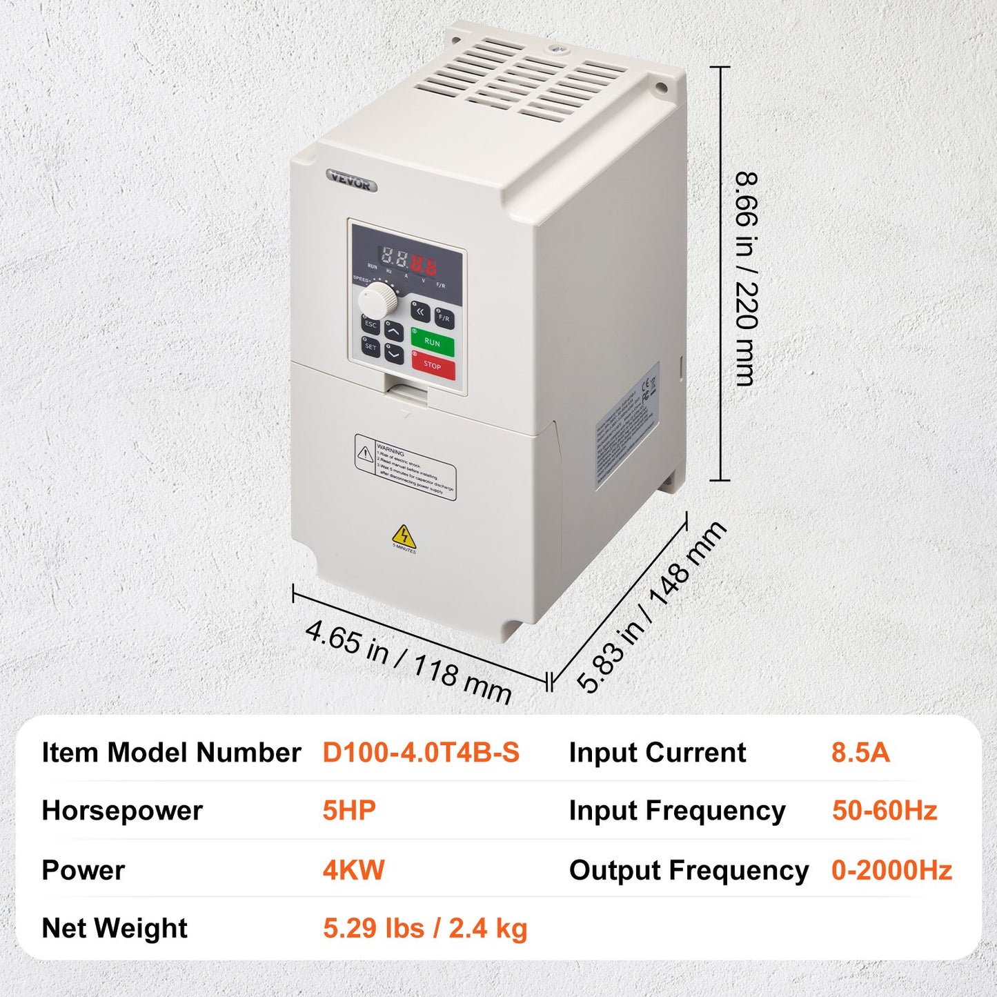 VFD 5HP 4KW 8.5A 3 Fas AC 380V Ingång till 3 Fas 0-380V Utgång 0-2000Hz
