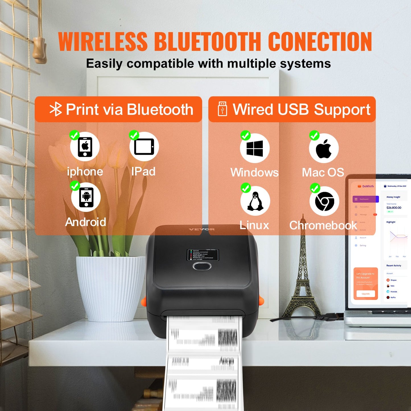 Termisk etikettskrivare 4x6 300DPI USB/Bluetooth för Amazon eBay Etsy UPS