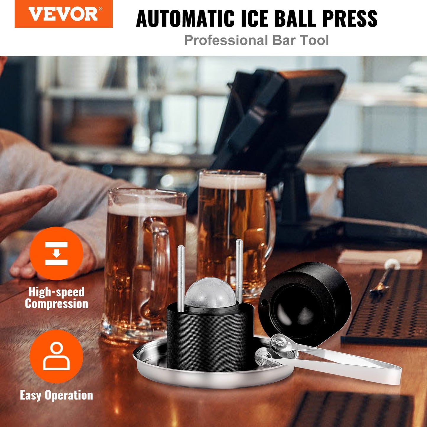 Ice Ball Press, 2,4" Ice Ball Maker, Aircraft Al Alloy Ice Ball Press Kit för 60 mm Ice Sphere, Ice Press med tång och droppbricka, för whisky, cocktail, Bourbon, Scot on Party & Holiday, Svart