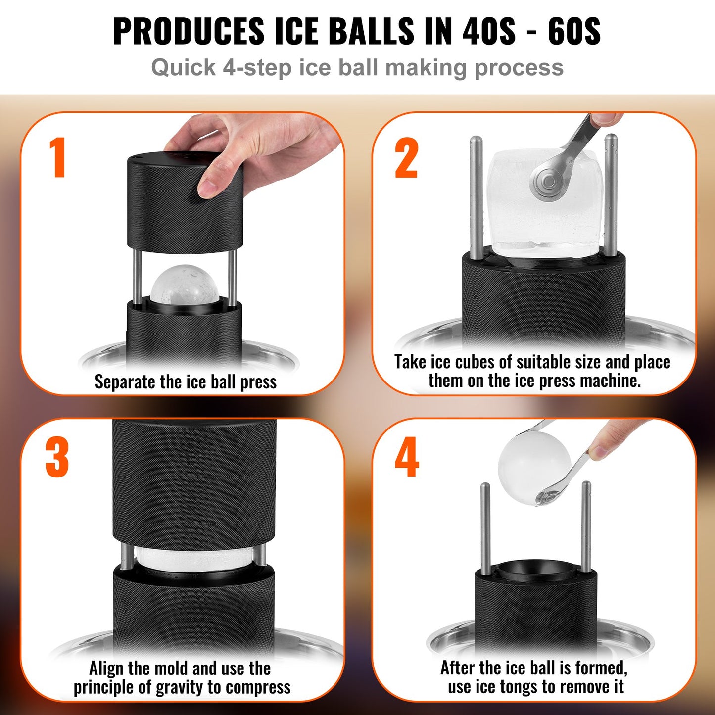 Ice Ball Press, 2,4" Ice Ball Maker, Aircraft Al Alloy Ice Ball Press Kit för 60 mm Ice Sphere, Ice Press med tång och droppbricka, för whisky, cocktail, Bourbon, Scot on Party & Holiday, Svart