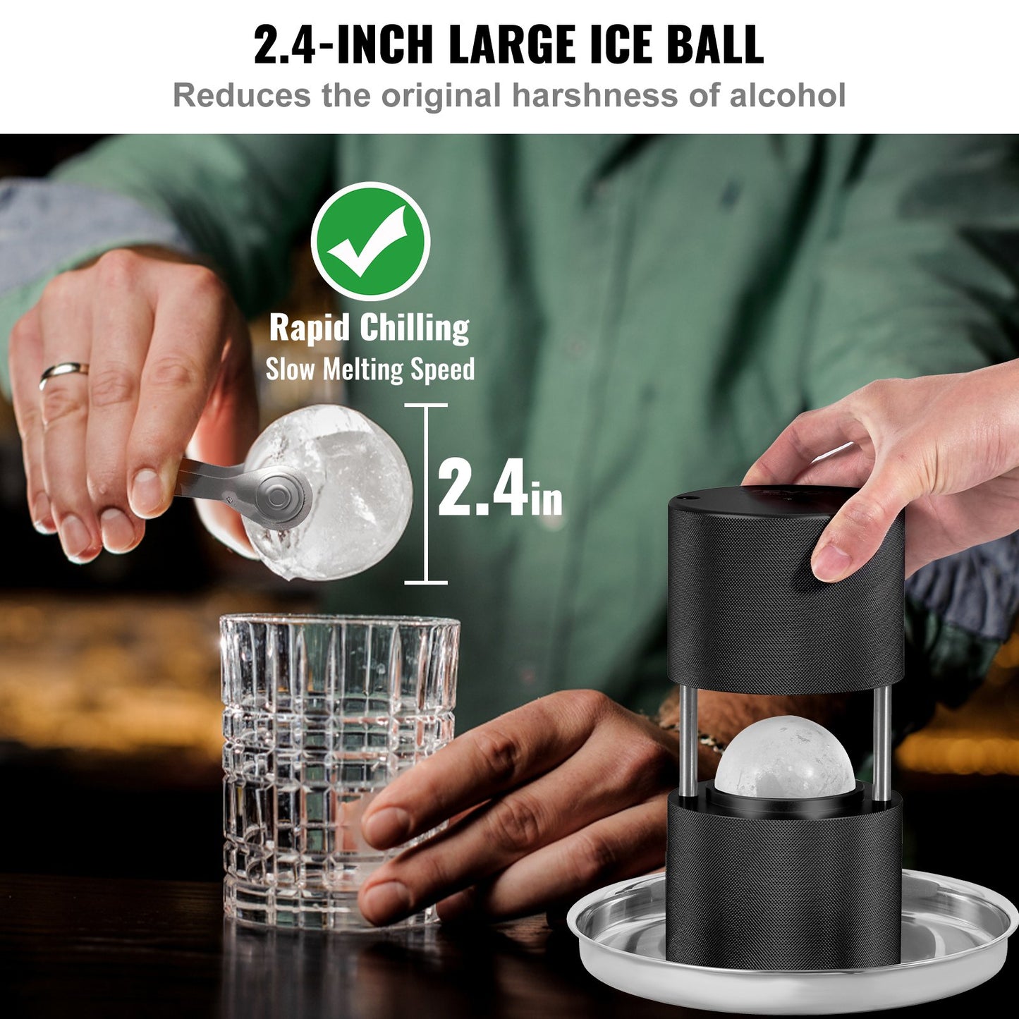 Ice Ball Press, 2,4" Ice Ball Maker, Aircraft Al Alloy Ice Ball Press Kit för 60 mm Ice Sphere, Ice Press med tång och droppbricka, för whisky, cocktail, Bourbon, Scot on Party & Holiday, Svart