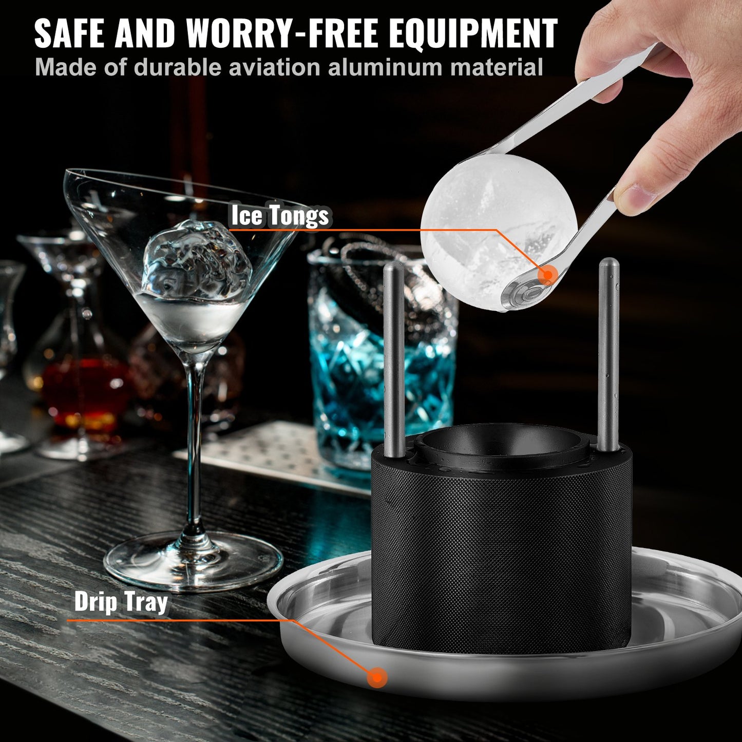 Ice Ball Press, 2,4" Ice Ball Maker, Aircraft Al Alloy Ice Ball Press Kit för 60 mm Ice Sphere, Ice Press med tång och droppbricka, för whisky, cocktail, Bourbon, Scot on Party & Holiday, Svart