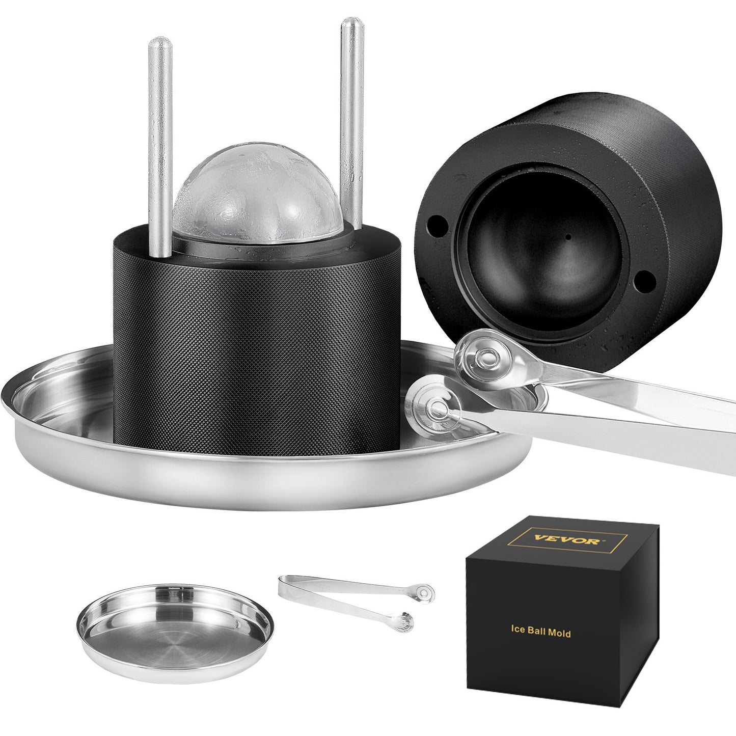 Ice Ball Press, 2,4" Ice Ball Maker, Aircraft Al Alloy Ice Ball Press Kit för 60 mm Ice Sphere, Ice Press med tång och droppbricka, för whisky, cocktail, Bourbon, Scot on Party & Holiday, Svart