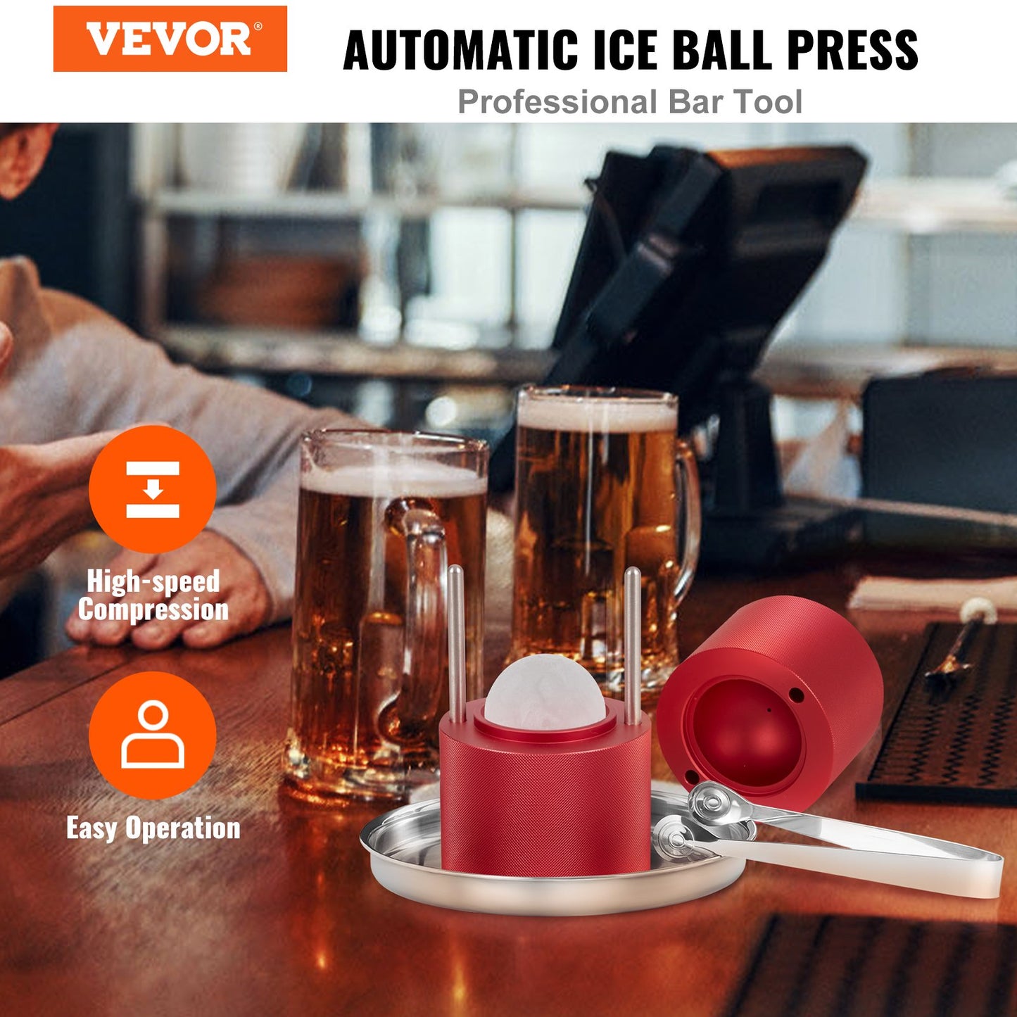 Ice Ball Press, 2.4" Ice Ball Maker, Aircraft Al Alloy Ice Ball Press Kit for 60mm Ice Sphere, Ice Press with Tongs and Drip Tray, for Whiskey, Cocktail, Bourbon, Scotch on Party & Holiday, Red