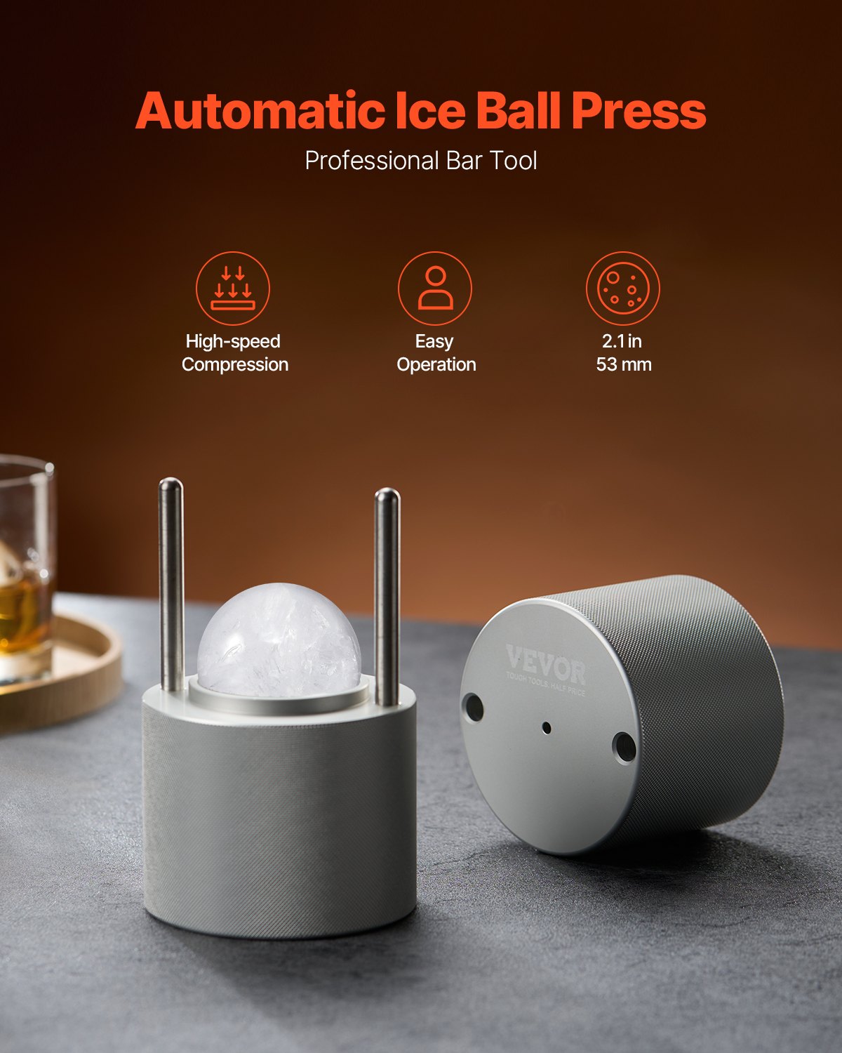 Ice Ball Press Ice Ball Maker 2,1"/53mm Ice Press Kit för Whiskey Silver
