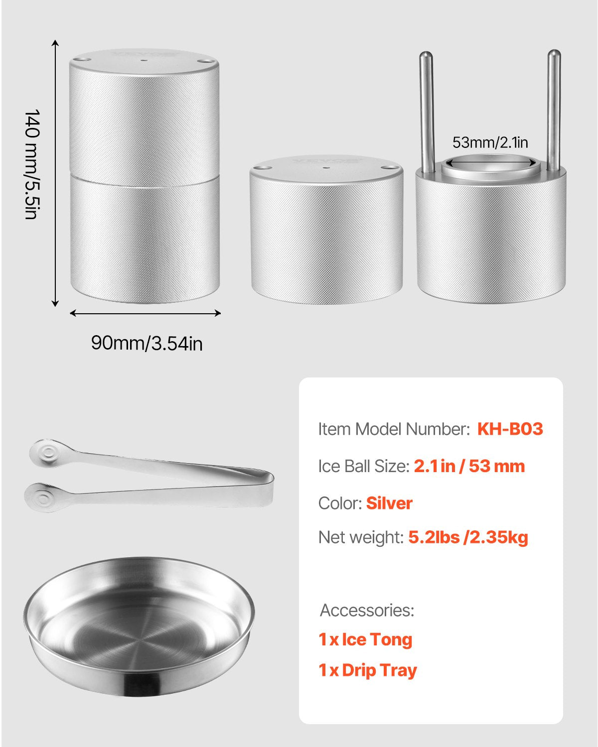 Ice Ball Press Ice Ball Maker 2,1"/53mm Ice Press Kit för Whiskey Silver