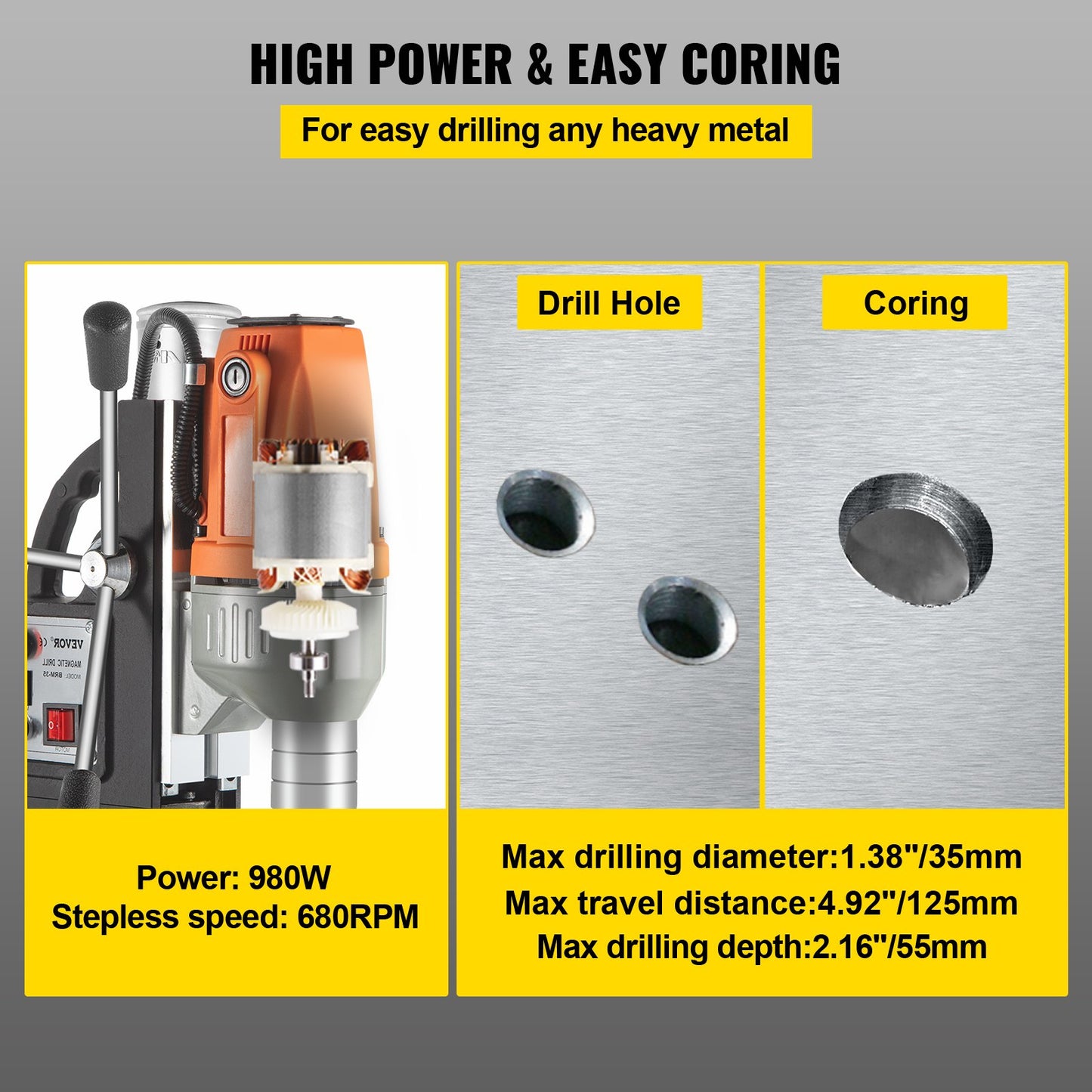 Magnetbohrmaschine 220 V-240 V, Magnetbohrmaschine 980 W, Metallbohrmaschine, hohe Leistung, 680 U/min, Multifunktions-Metallbohrmaschine, 35 mm Kernbohrmaschine zum Bohren und Gewindeschneiden