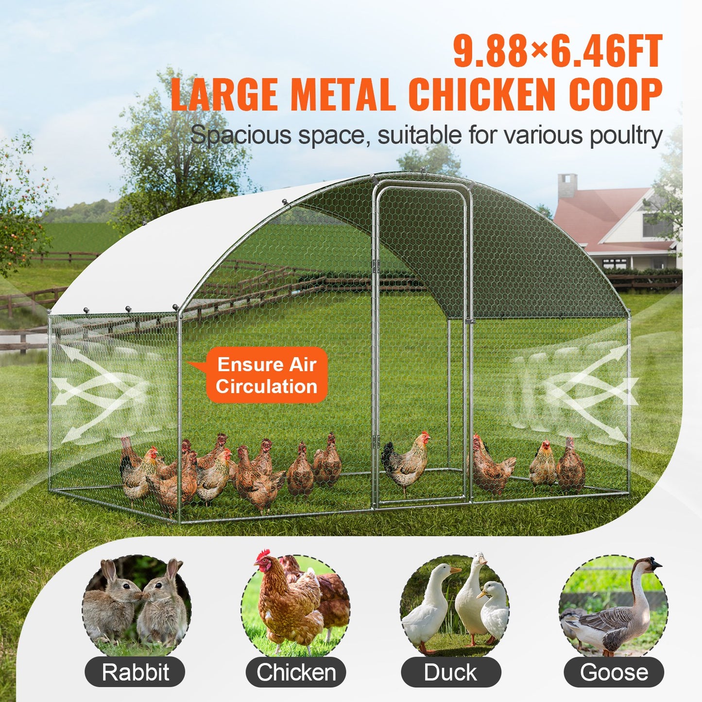 Hühnerstall, 3 x 1,97 x 1,99 m, begehbarer großer Hühnerstall aus Metall für den Bauernhof mit wasserdichter Abdeckung, Hühnerstall mit Dachschräge und Sicherheitsschloss für draußen und im Hinterhof, Bauernhof, Enten-, Kaninchen- und Geflügelkäfig