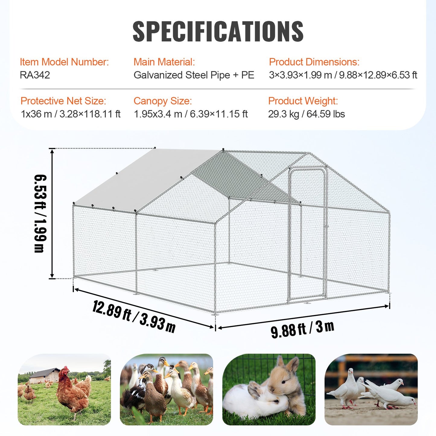 Metal Chicken Coop Walk-in Chicken Run med vattentät överdrag 9,8x13x6,5 fot