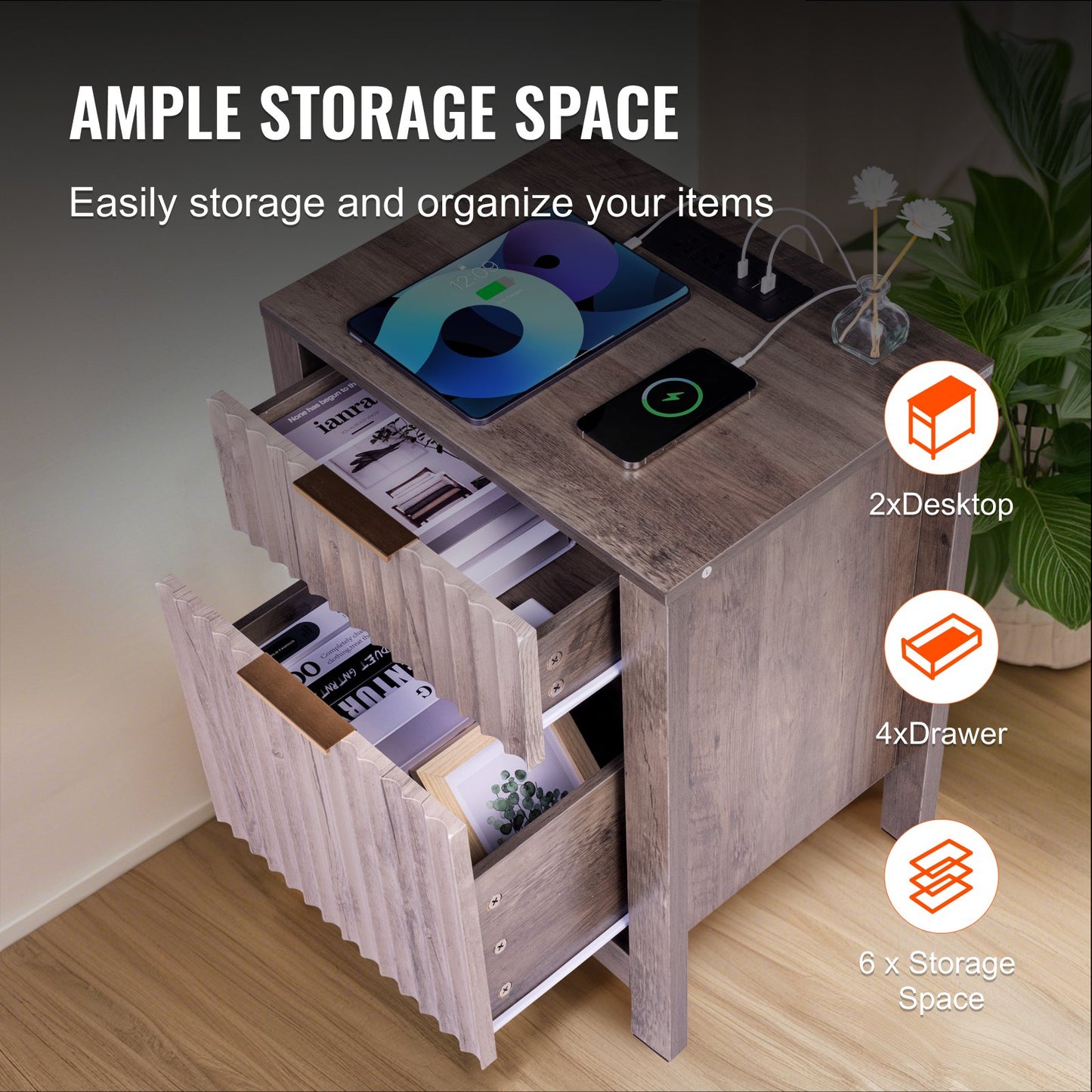 Farmhouse End Bord Square Night Stand med USB & uttag Set med 2 Grå
