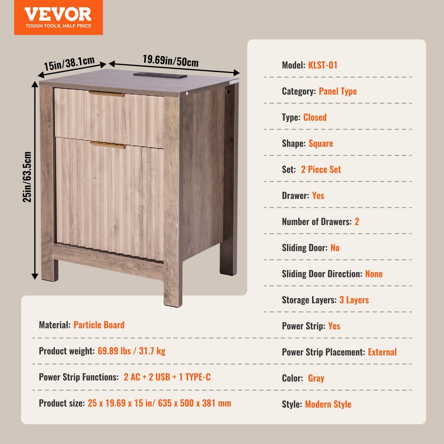Farmhouse End Bord Square Night Stand med USB & uttag Set med 2 Grå