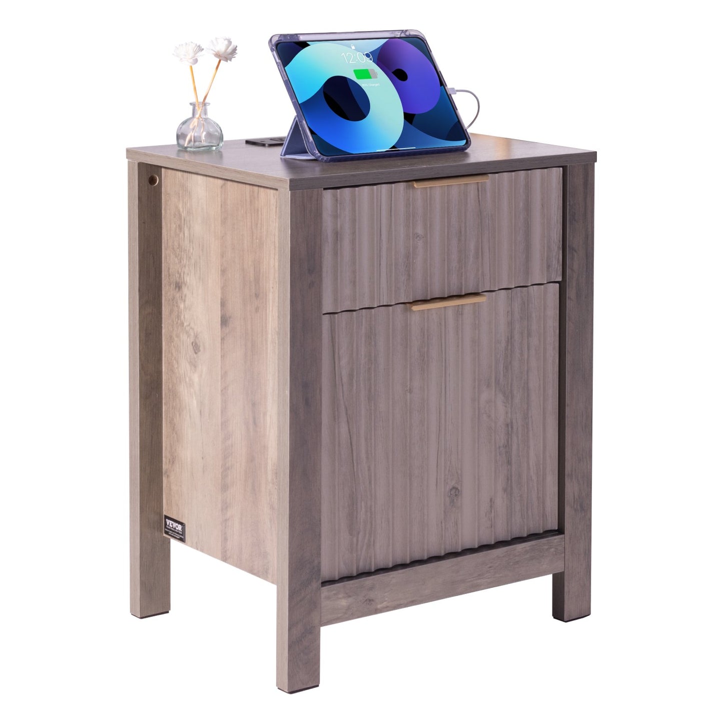 Farmhouse End Bord Square Night Stand med USB & uttag Set med 2 Grå
