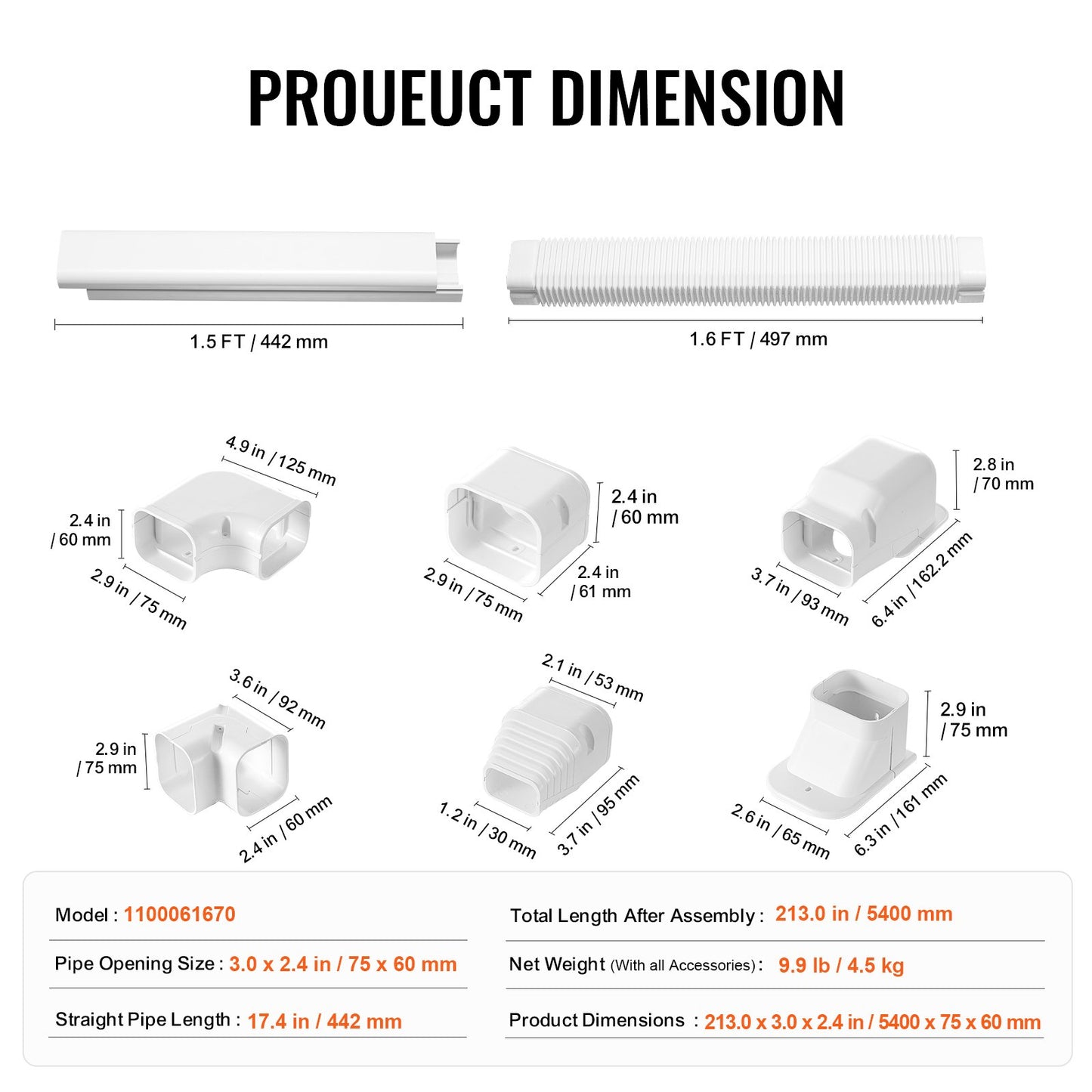 Mini Split Line Set Lock 76,2 mm B 5400 mm L, dekorativt PVC-rörledningsskydd för luftkonditionering med 10 raka kanaler och kompletta komponenter Enkel att installera, målningsbar för värmepumpar, vit