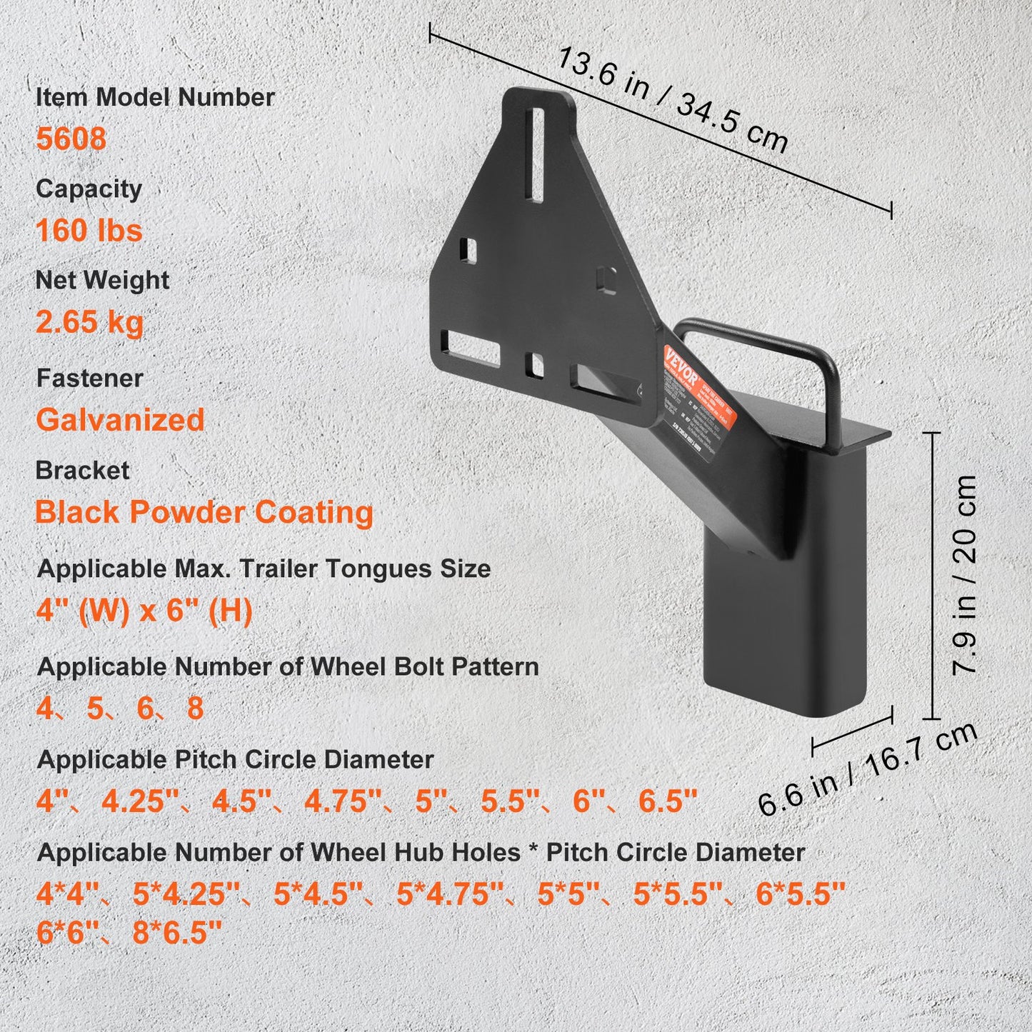 Reservdäckhållare, släpvagnsreservdäcksfäste, 160 lbs Kapacitet, Utility Trailertillbehör passar de flesta 4 & 5 & 6 & 8 klackar hjul på 4", 4,25", 4,5", 4,75", 5", 5,5", 6", 6,5" bultmönster