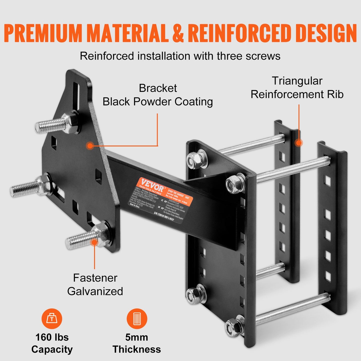 Spare Tire Holder, Trailer Spare Tire Mount, 160 lbs Capacity, Utility Trailer Accessory Fits Most 4 & 5 & 6 & 8 Lug Wheels on 4", 4.25", 4.5", 4.75", 5", 5.5", 6", 6.5" Bolt Pattern