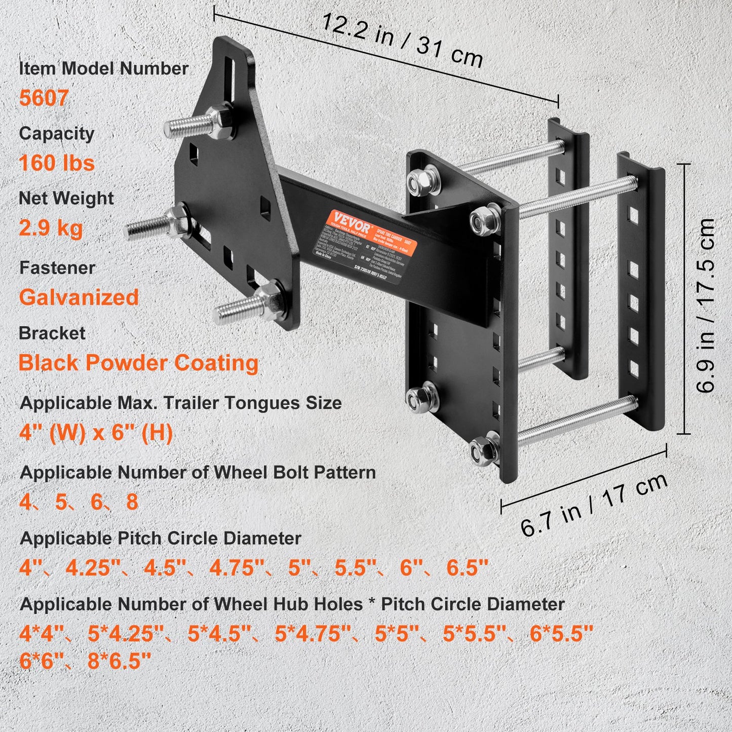 Spare Tire Holder, Trailer Spare Tire Mount, 160 lbs Capacity, Utility Trailer Accessory Fits Most 4 & 5 & 6 & 8 Lug Wheels on 4", 4.25", 4.5", 4.75", 5", 5.5", 6", 6.5" Bolt Pattern