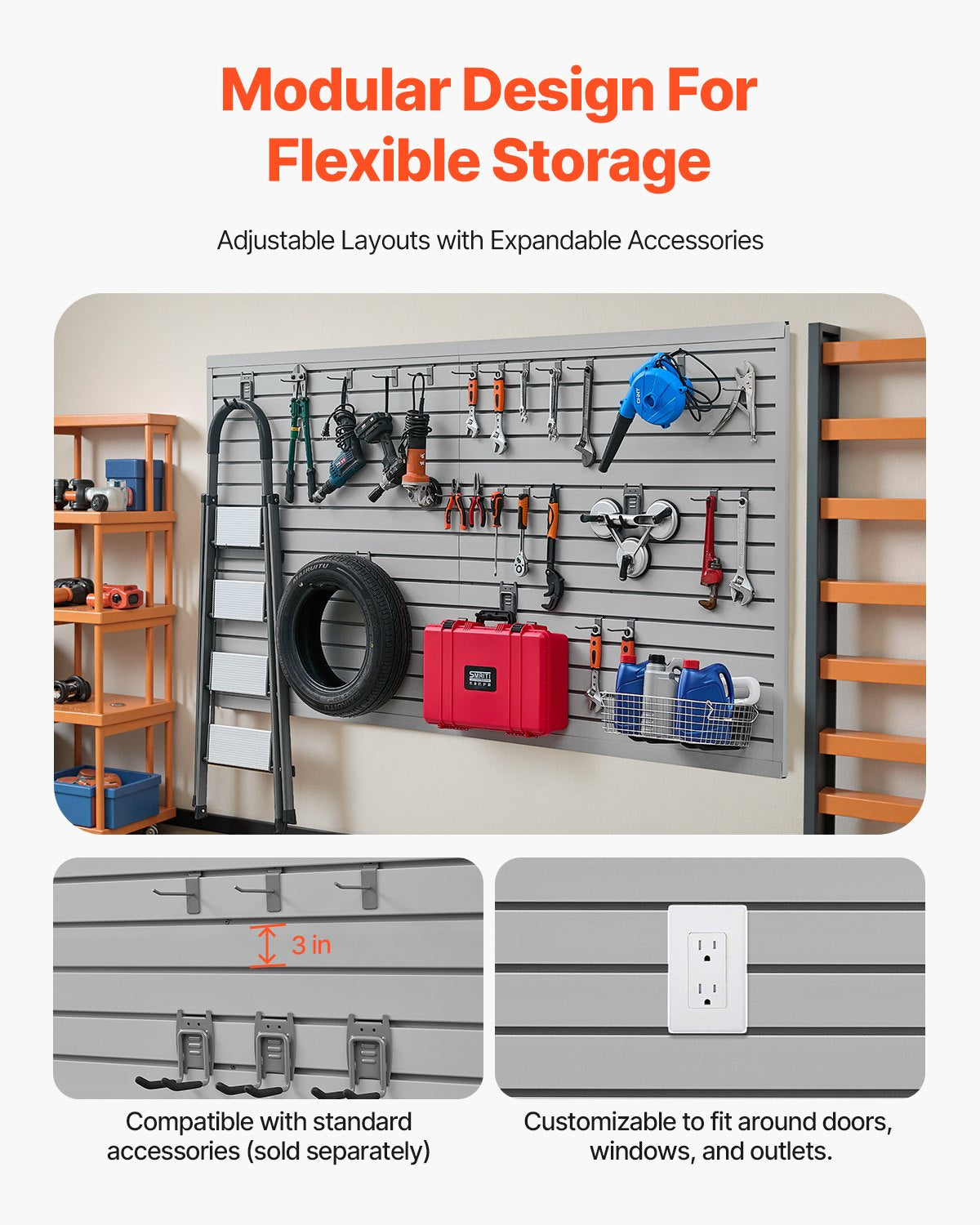 8 x 4 ft Lamellväggpanel PVC Grå Garage Lamellvägg med tillbehör