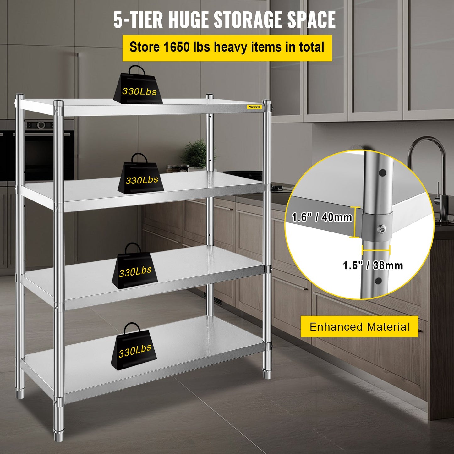 Hyllor i rostfritt stål, 46,8 x 18,5 tums 4-vånings justerbar förvaringsenhet, rostfritt stål Heavy Duty-hyllor för kök Kommersiellt kontor Garageförvaring 330lb per hylla