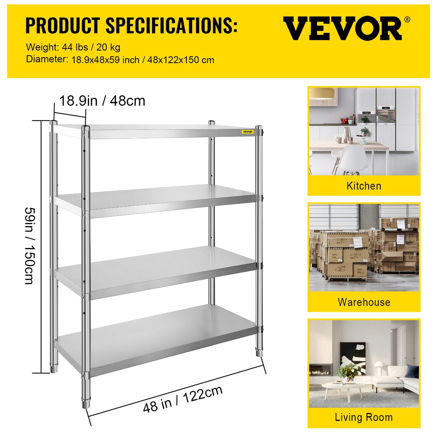 Hyllor i rostfritt stål, 46,8 x 18,5 tums 4-vånings justerbar förvaringsenhet, rostfritt stål Heavy Duty-hyllor för kök Kommersiellt kontor Garageförvaring 330lb per hylla