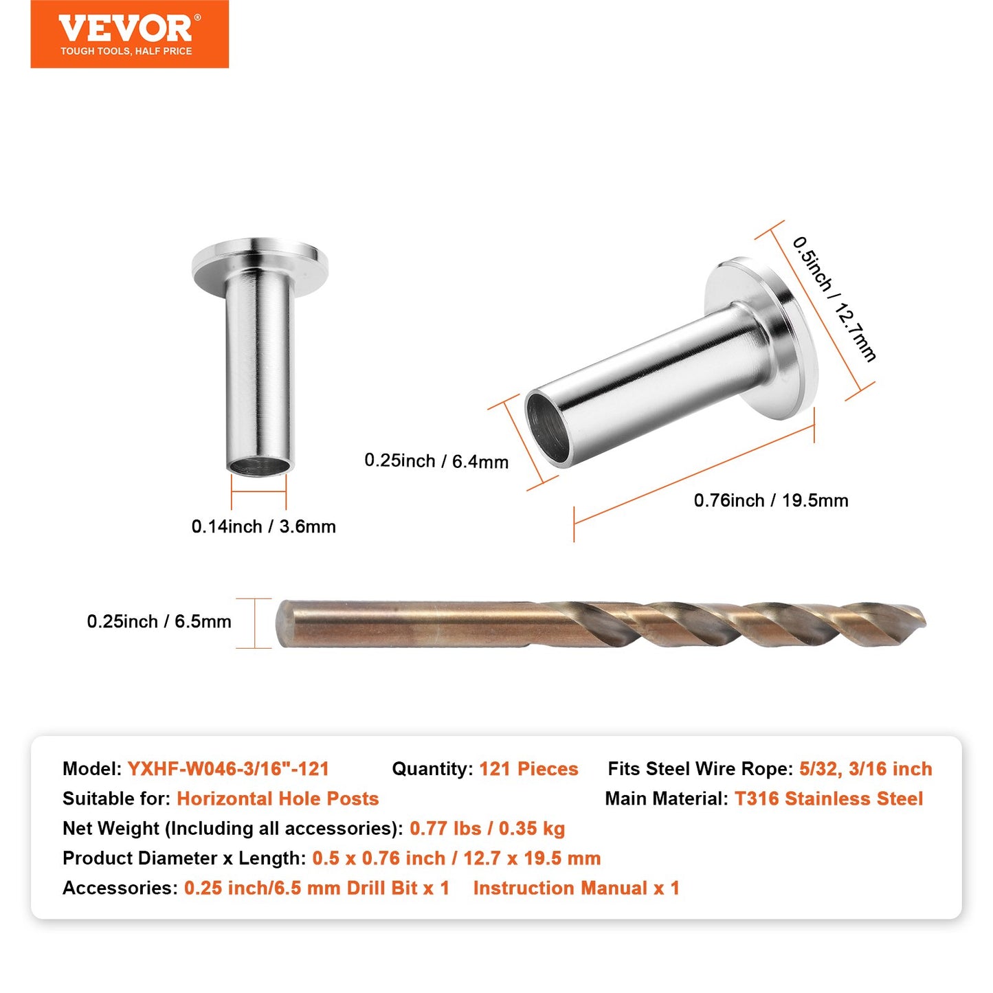 121-pack T316 skyddshylsor i rostfritt stål för 4 mm 4,8 mm vajerkabelräcke, DIY Balustrade T316 marin kvalitet, levereras med en gratis borr, silver