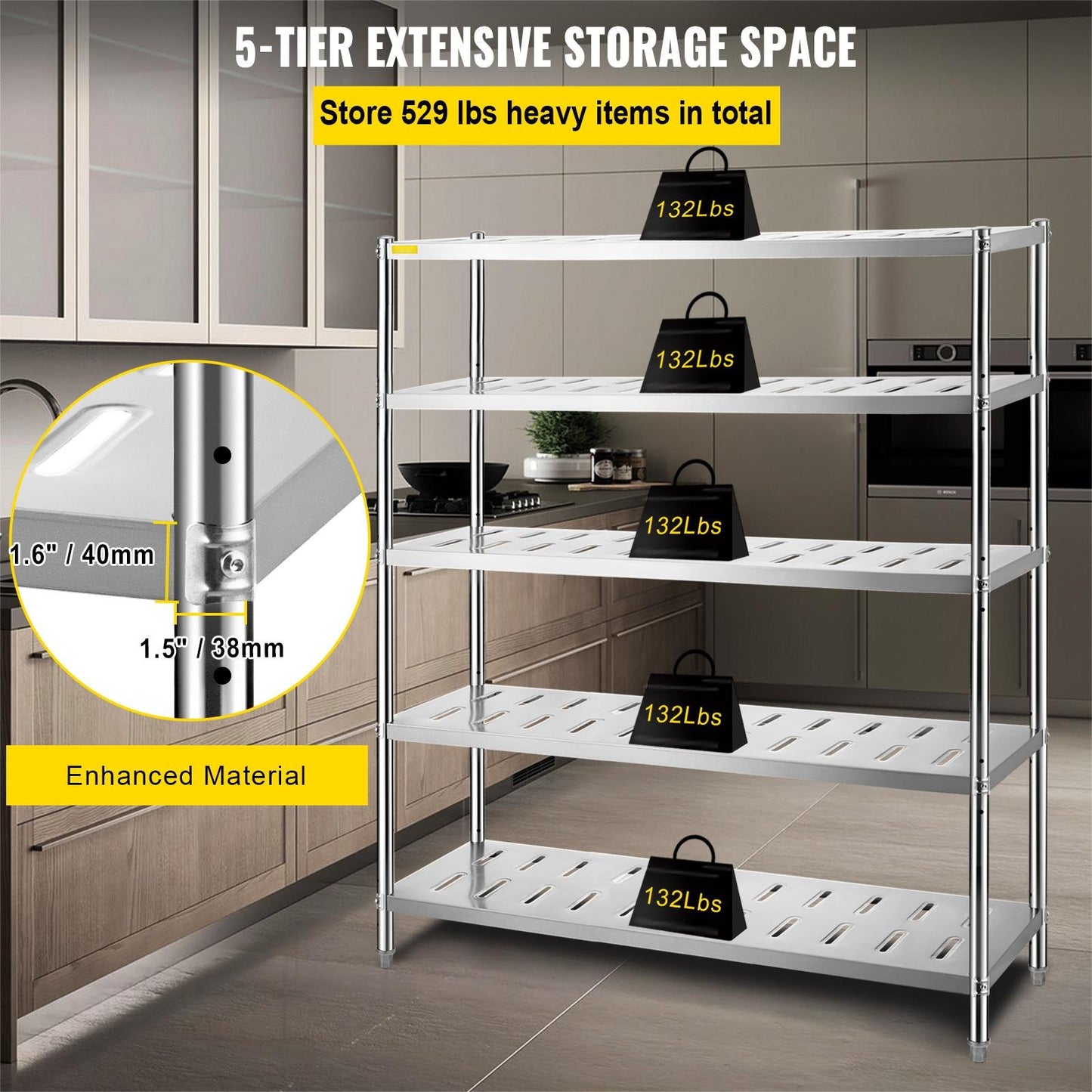 Förvaringshylla, 5-vånings förvaringshylla, garagehylla i rostfritt stål, 59,1 x 17,7 x 70,9 tum Heavy Duty förvaringshyllor, 661 pund total kapacitet med justerbar höjd och ventilationshål