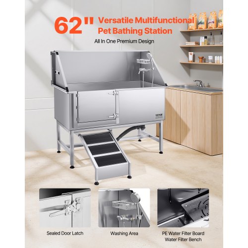 157.5 cm stainless steel dog grooming tub with ramp, water filter, left
