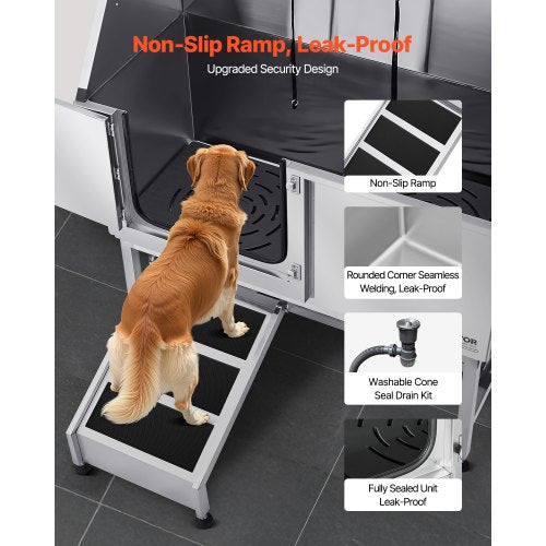 157.5 cm stainless steel dog grooming tub with ramp, water filter, left