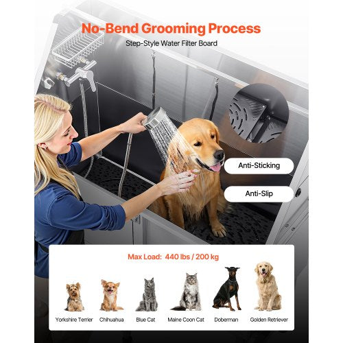 157.5 cm stainless steel dog grooming tub with ramp, water filter, left