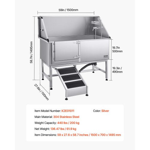 157.5 cm stainless steel dog grooming tub with ramp, water filter, left