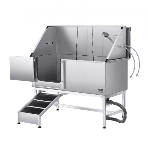 157.5 cm stainless steel dog grooming tub with ramp, water filter, left