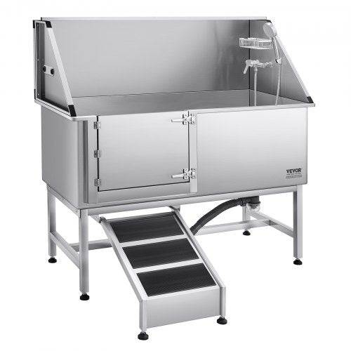 157.5 cm stainless steel dog grooming tub with ramp, water filter, left