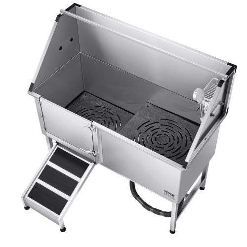 157.5 cm stainless steel dog grooming tub with ramp, water filter, left