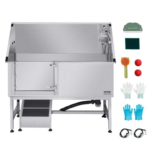 157.5 cm stainless steel dog grooming tub with ramp, water filter, left
