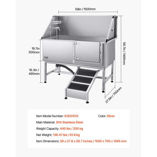 157.5 cm stainless steel dog grooming tub with ramp water filter | EU