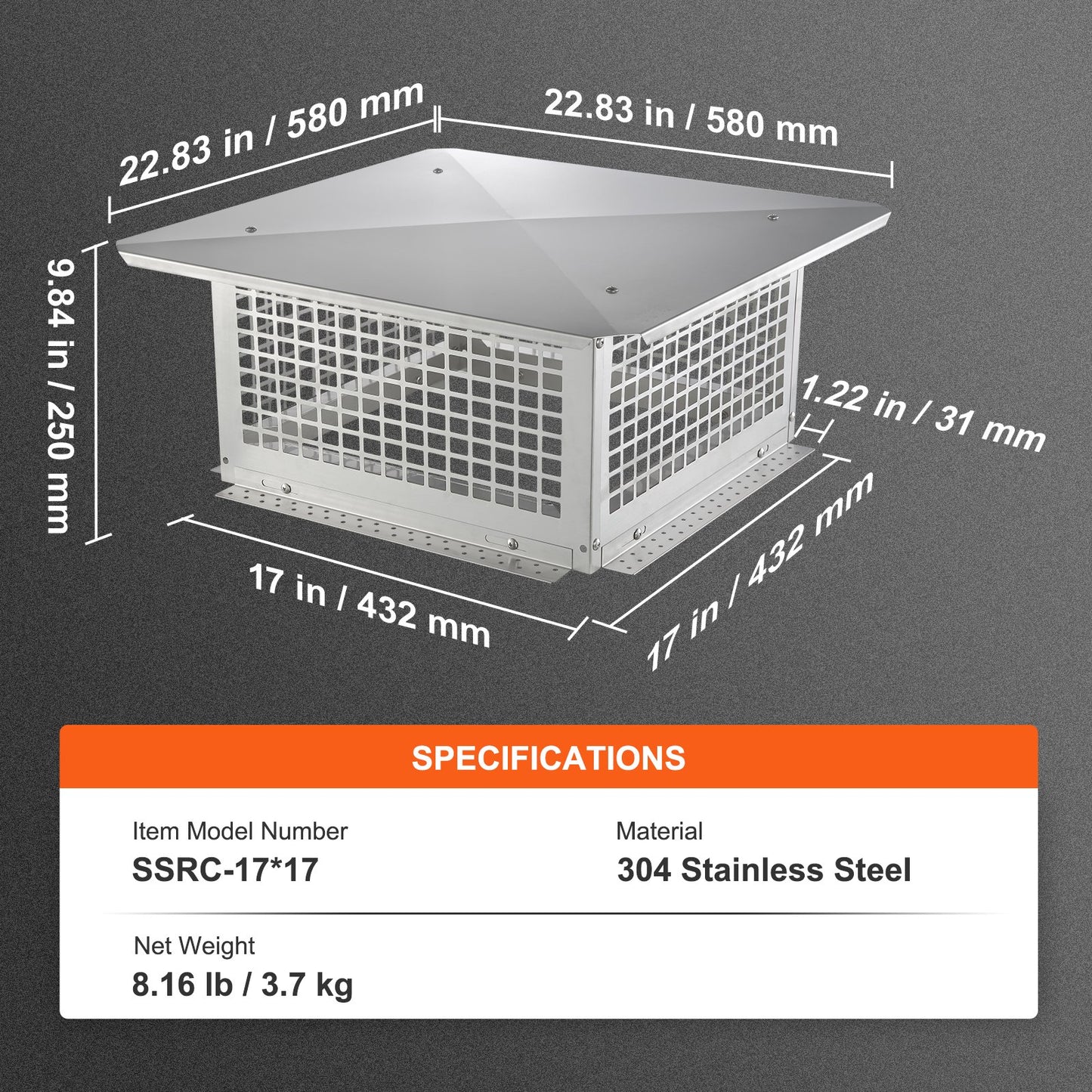 Skorstenslock, 431,8x431,8 mm, 304 rostfritt stål skorstenskåpa, inte lätt att fälla & praktiska tillbehör & enkel installation, passar mesh skorstensskydd utanför lera rökrör, silver