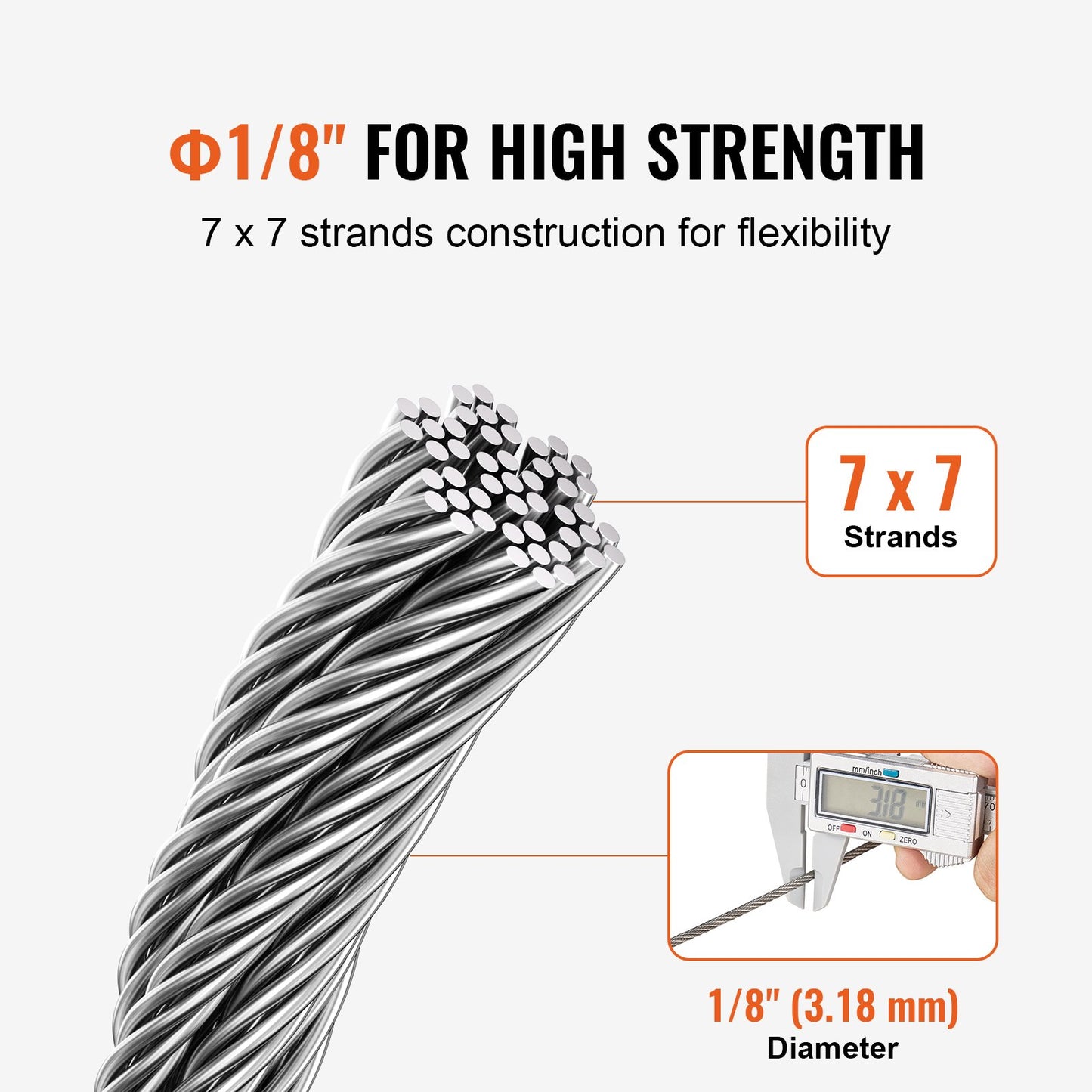 T316 kabel i rostfritt stål 1/8" 7x7 stålvajer 100 fot kabelräcke