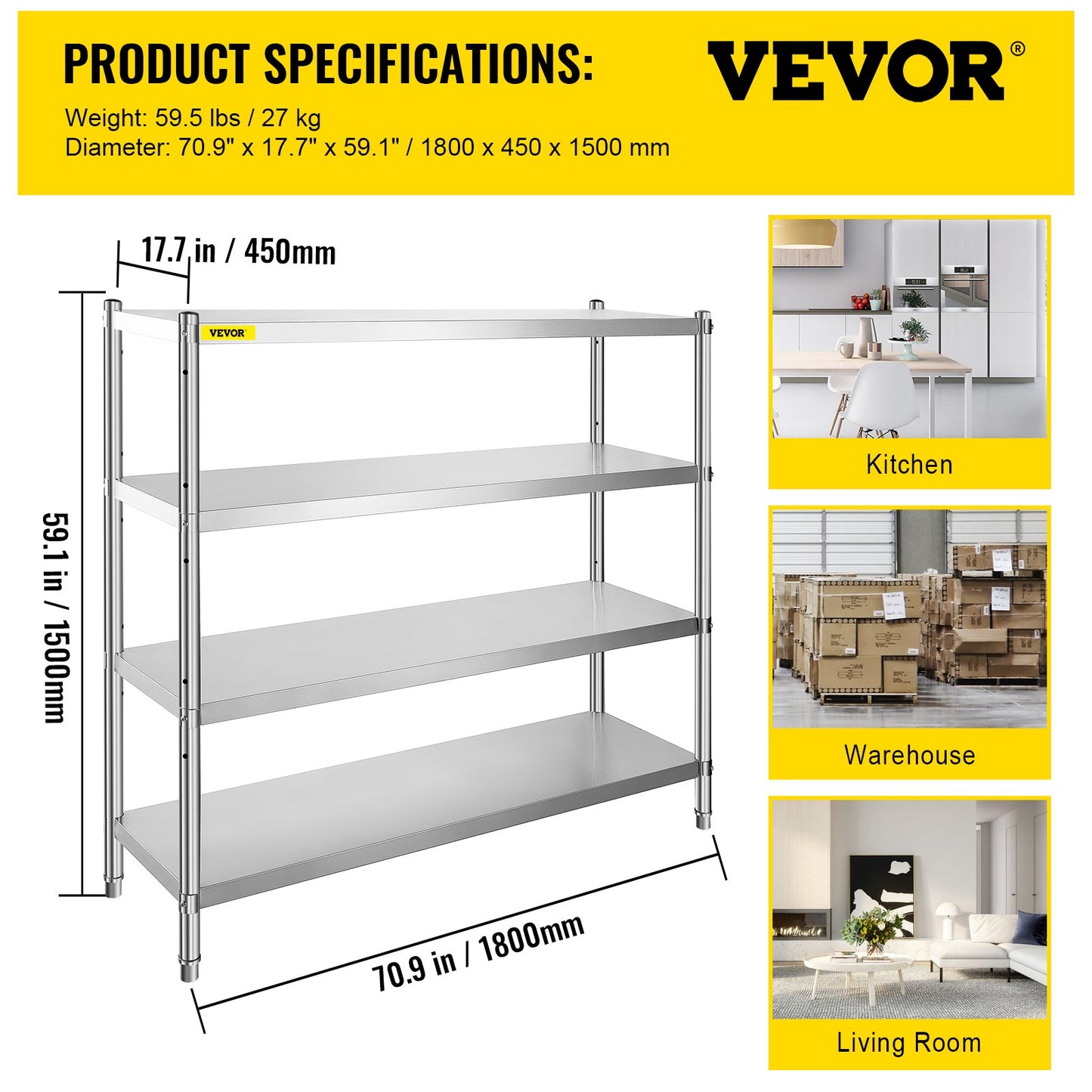 Förvaringshylla, 4-vånings hyllor i rostfritt stål, förvaringshyllenhet, 70,9 x 17,7 x 59,1 tum Heavy Duty förvaringshylla, 1320 pund total kapacitet med justerbar höjd