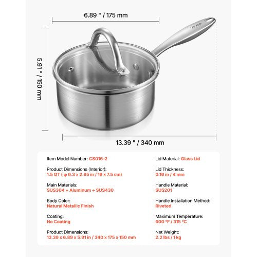 1,5 QT kastrull, rostfri kastrull med glaslock, multifunktionell nonstick rostfri såsgryta med ergonomiskt handtag, lämplig för ugn, diskmaskin, induktionshäll | EU