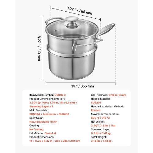 2,5 QT kastrull med ångkokare, kastrull i rostfritt stål med glaslock, multifunktionell nonstick-beläggningsgryta i rostfritt stål med ergonomiskt handtag, lämplig för ugn, diskmaskin, induktionshäll | EU