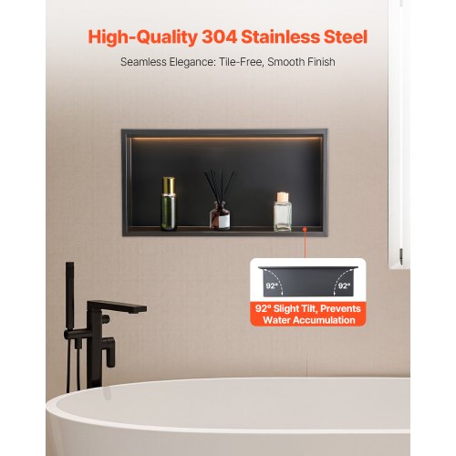 Duschnisch 33,0x63,5x10,2 cm Infälld hylla med LED-list i rostfritt stål
