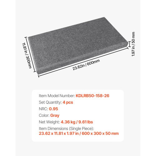 4 acoustic wall panels 5 cm thick 63 x 28 cm self-adhesive grey
