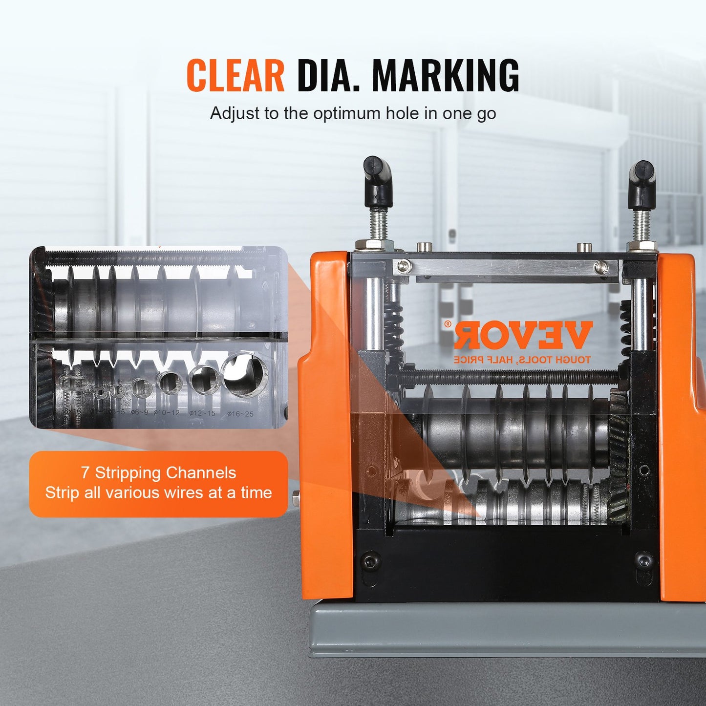 Automatische Abisoliermaschine, 0,06''-0,98'' Elektrischer motorisierter Kabelabisolierer, 60 W, Abisolierer mit Referenz für sichtbare Abisoliertiefe, 6 runde und 1 flacher Kanal zum Recycling von Kupferschrott