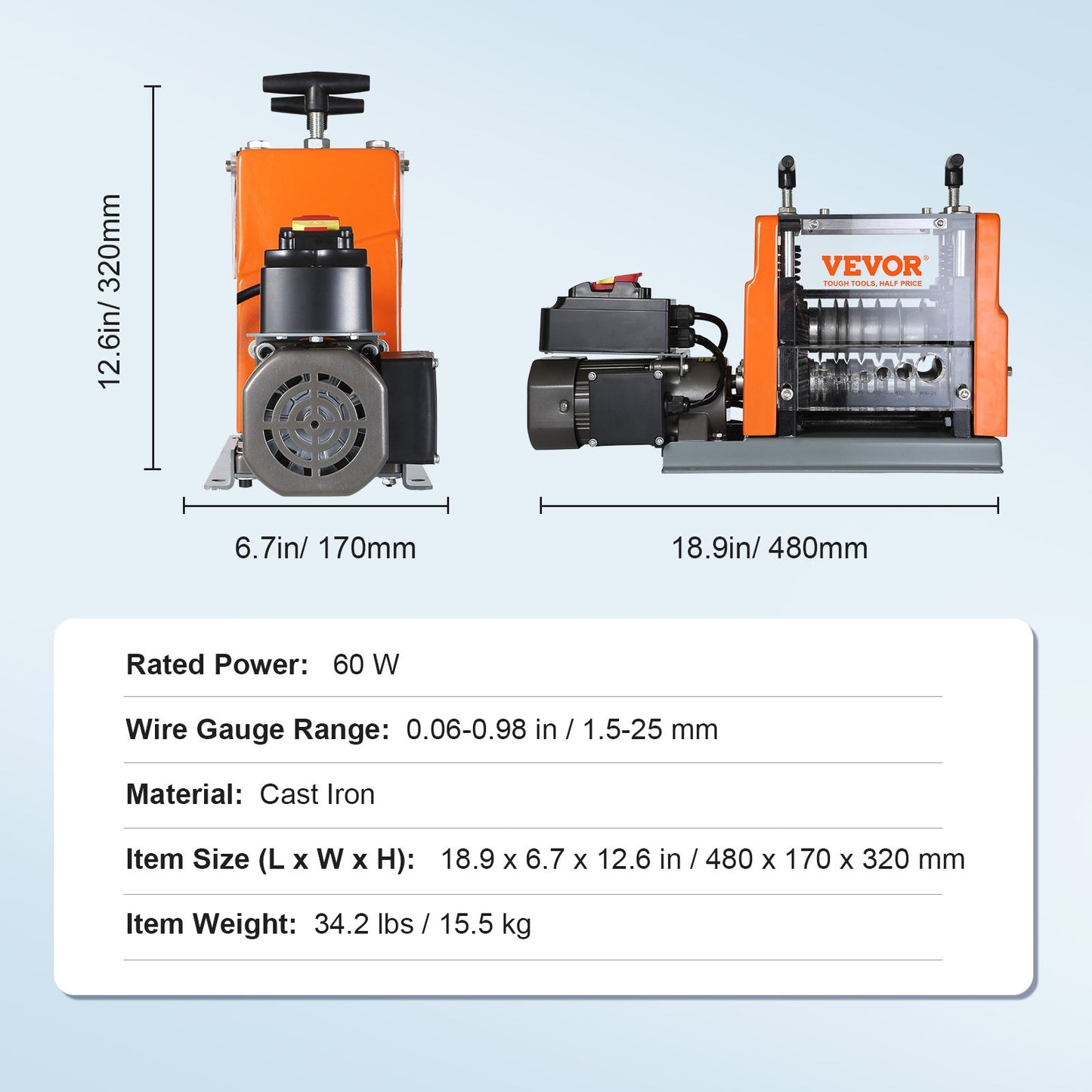 Automatische Abisoliermaschine, 0,06''-0,98'' Elektrischer motorisierter Kabelabisolierer, 60 W, Abisolierer mit Referenz für sichtbare Abisoliertiefe, 6 runde und 1 flacher Kanal zum Recycling von Kupferschrott