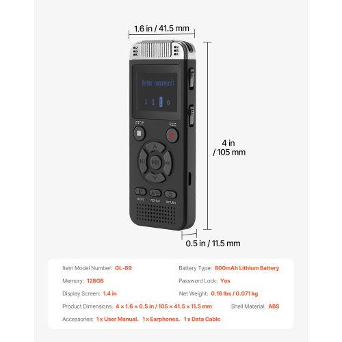 Digital Voice Recorder 128GB Röstaktiverad ljudinspelare med USB MP3 | EU