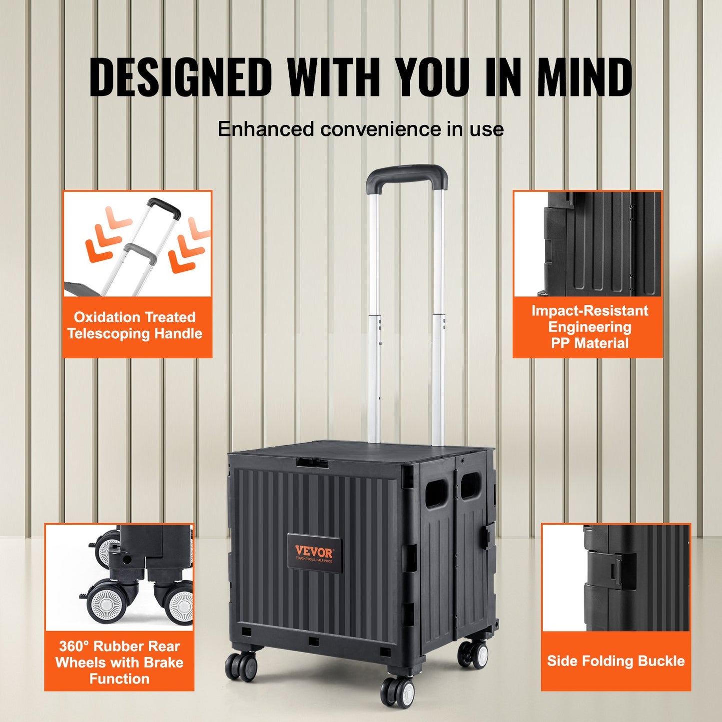 Foldable Utility Cart, 110 lbs lastkapacitet, hopfällbar bärbar rullande låda handkärra med kraftigt teleskopiskt handtag och 4 roterande hjul för resor Shopping Flyttande bagage kontorsbruk, svart