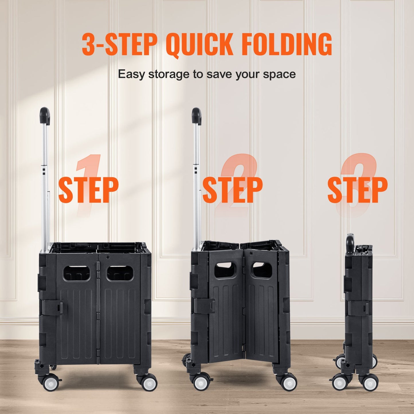 Foldable Utility Cart, 110 lbs lastkapacitet, hopfällbar bärbar rullande låda handkärra med kraftigt teleskopiskt handtag och 4 roterande hjul för resor Shopping Flyttande bagage kontorsbruk, svart