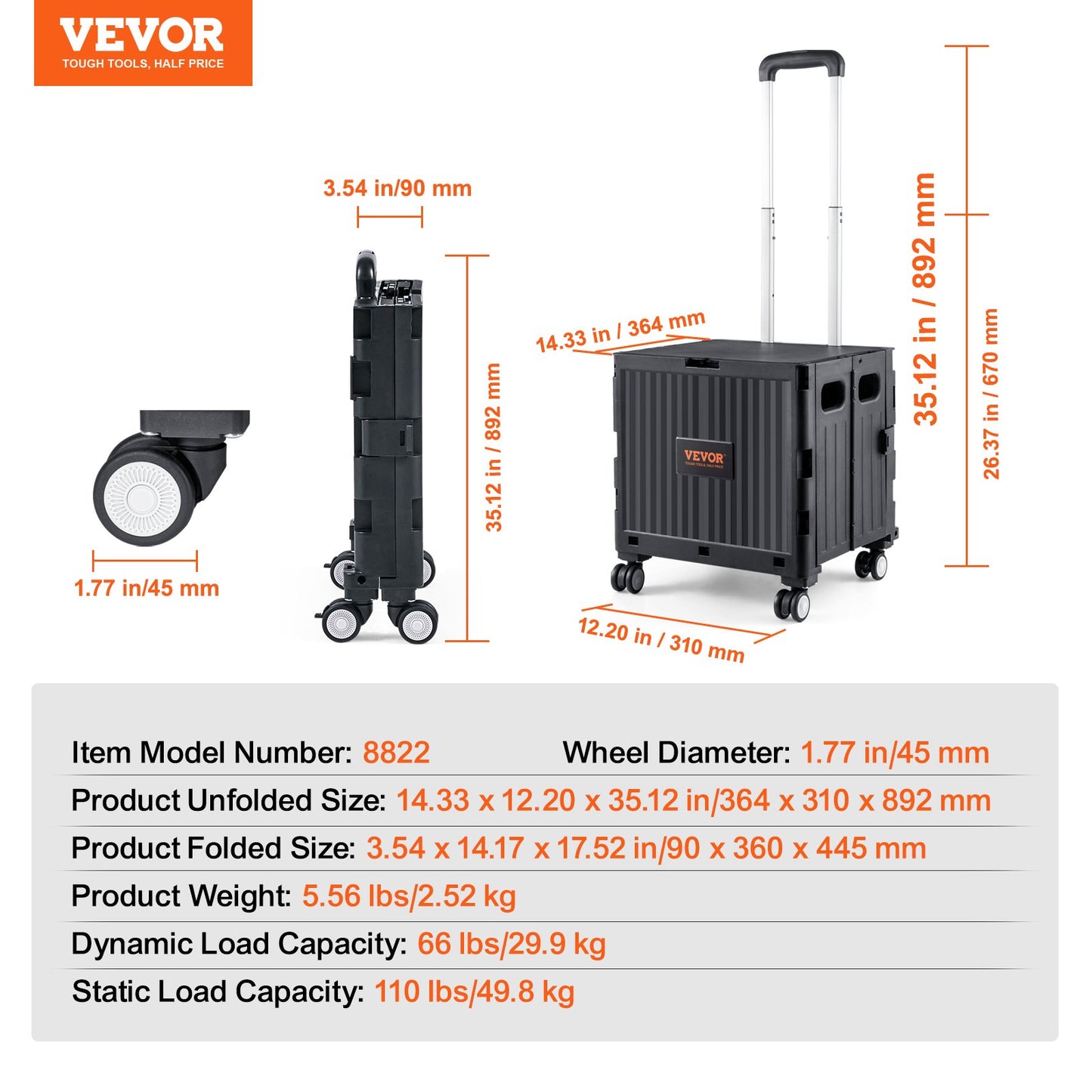 Foldable Utility Cart, 110 lbs lastkapacitet, hopfällbar bärbar rullande låda handkärra med kraftigt teleskopiskt handtag och 4 roterande hjul för resor Shopping Flyttande bagage kontorsbruk, svart