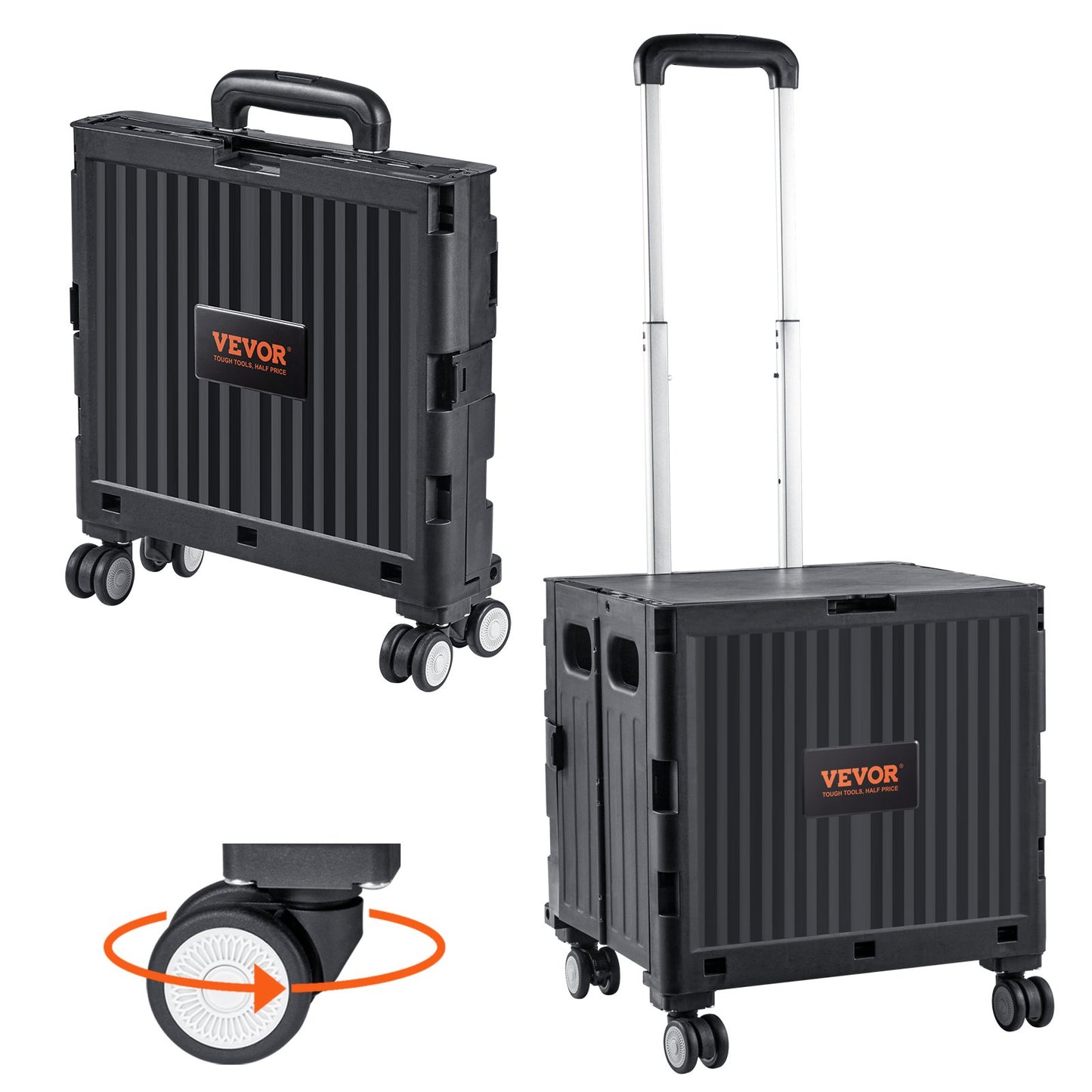 Foldable Utility Cart, 110 lbs lastkapacitet, hopfällbar bärbar rullande låda handkärra med kraftigt teleskopiskt handtag och 4 roterande hjul för resor Shopping Flyttande bagage kontorsbruk, svart
